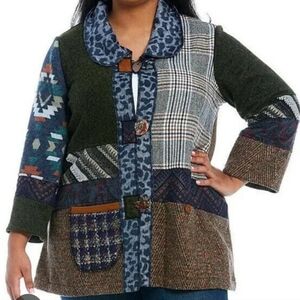 Ali Miles Color Block Big Button Oversized Cardigan Sweater Artsy Large